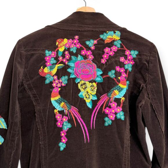 Vintage Johnny Was Floral And Bird Embroidered Brown Corduroy Jacket Women's S - Picture 3 of 15